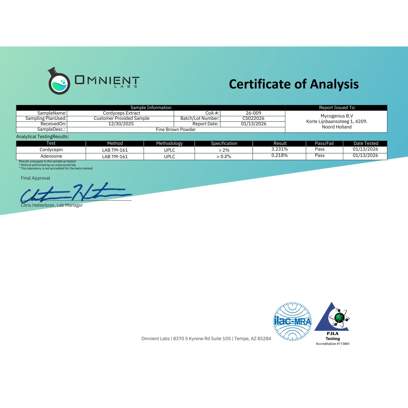 Omnient Certificate of Analysis with test results and signatures on a white background