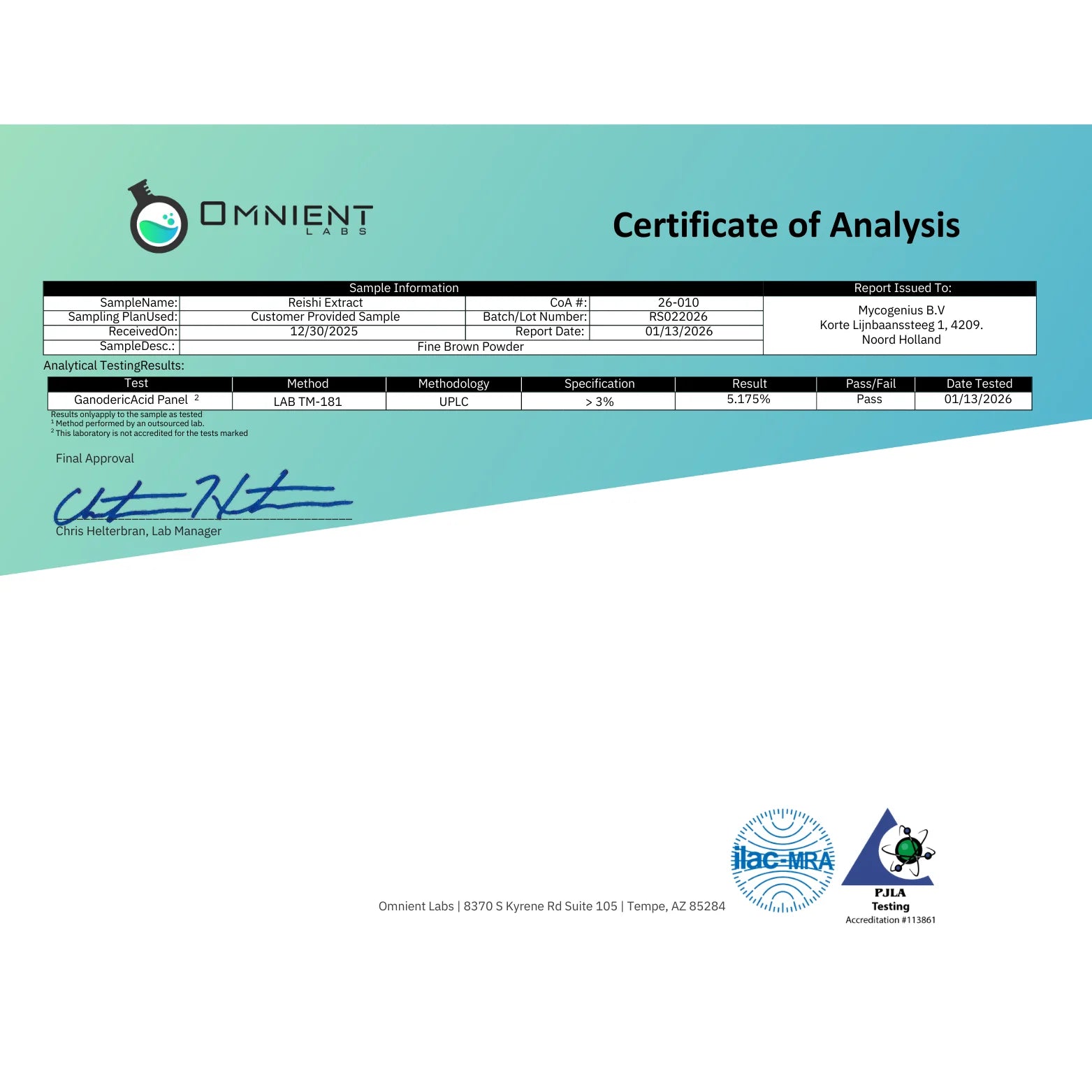 Omnient Certificate of Analysis with signature and logos on a white background