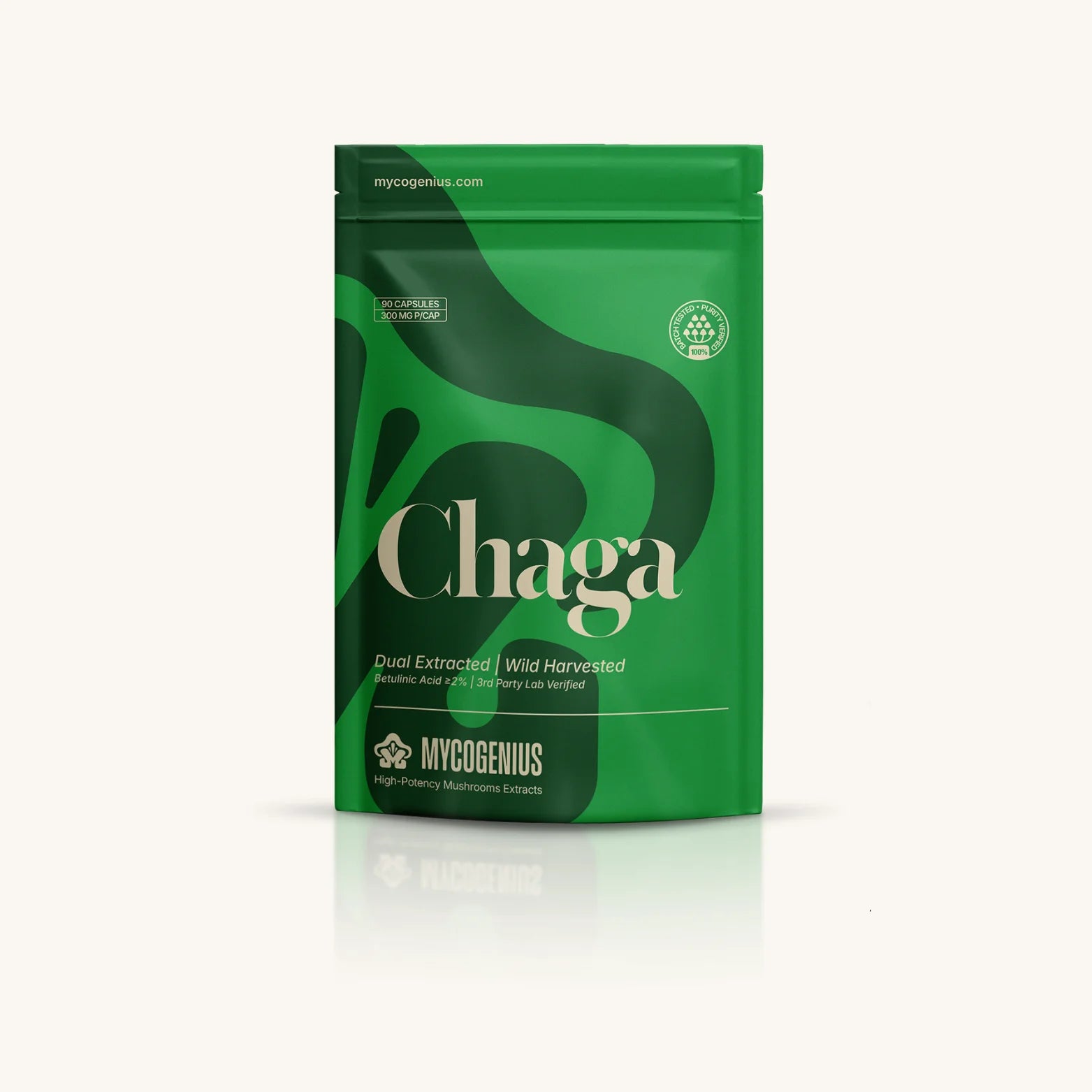 Green package of Chaga with Mycogenumius branding on a white background
