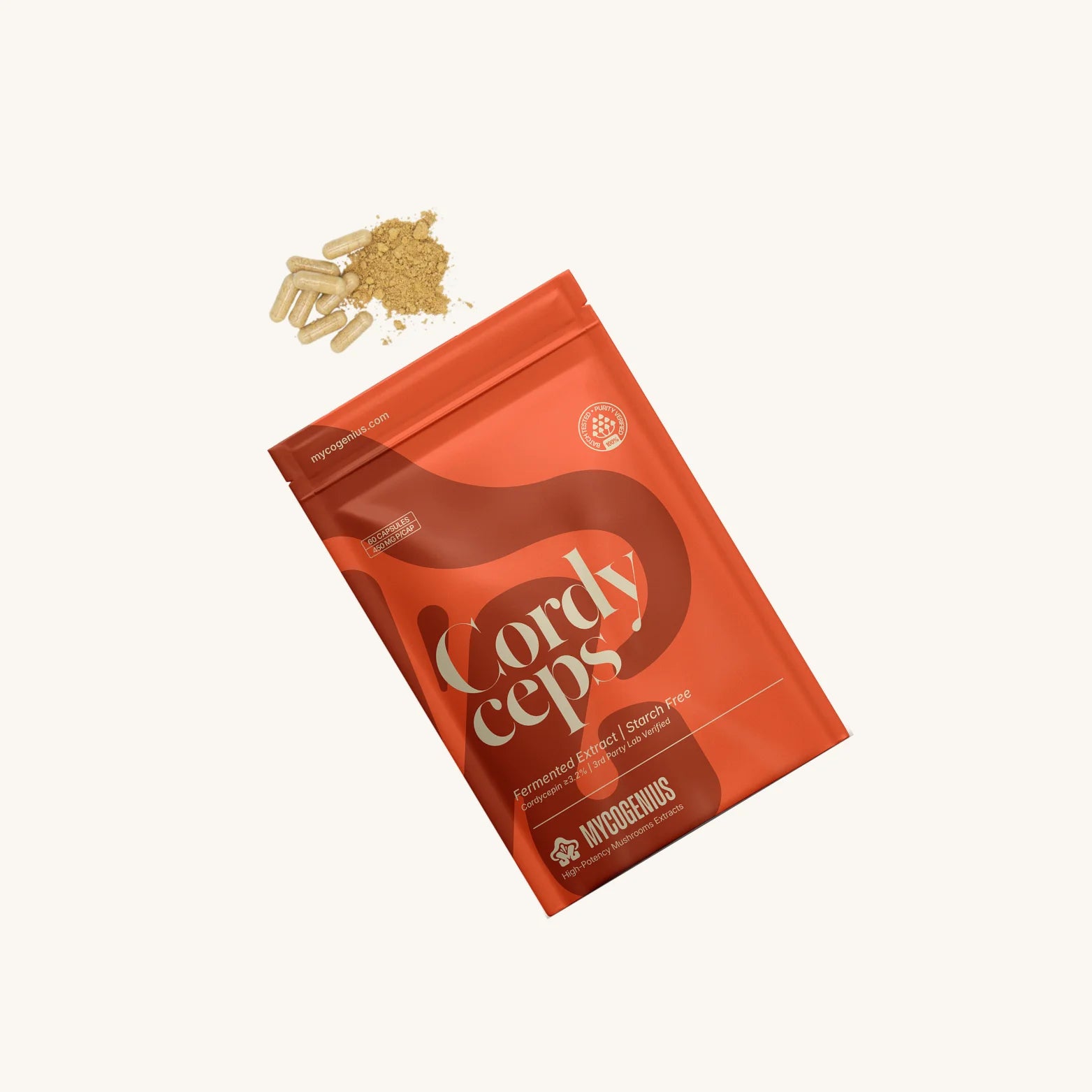 Red package of CordyCeps with gold capsules on a white background