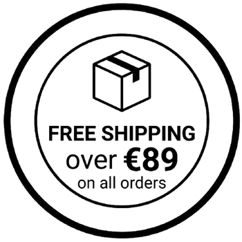 Free shipping over €89 on all orders label with a box icon.