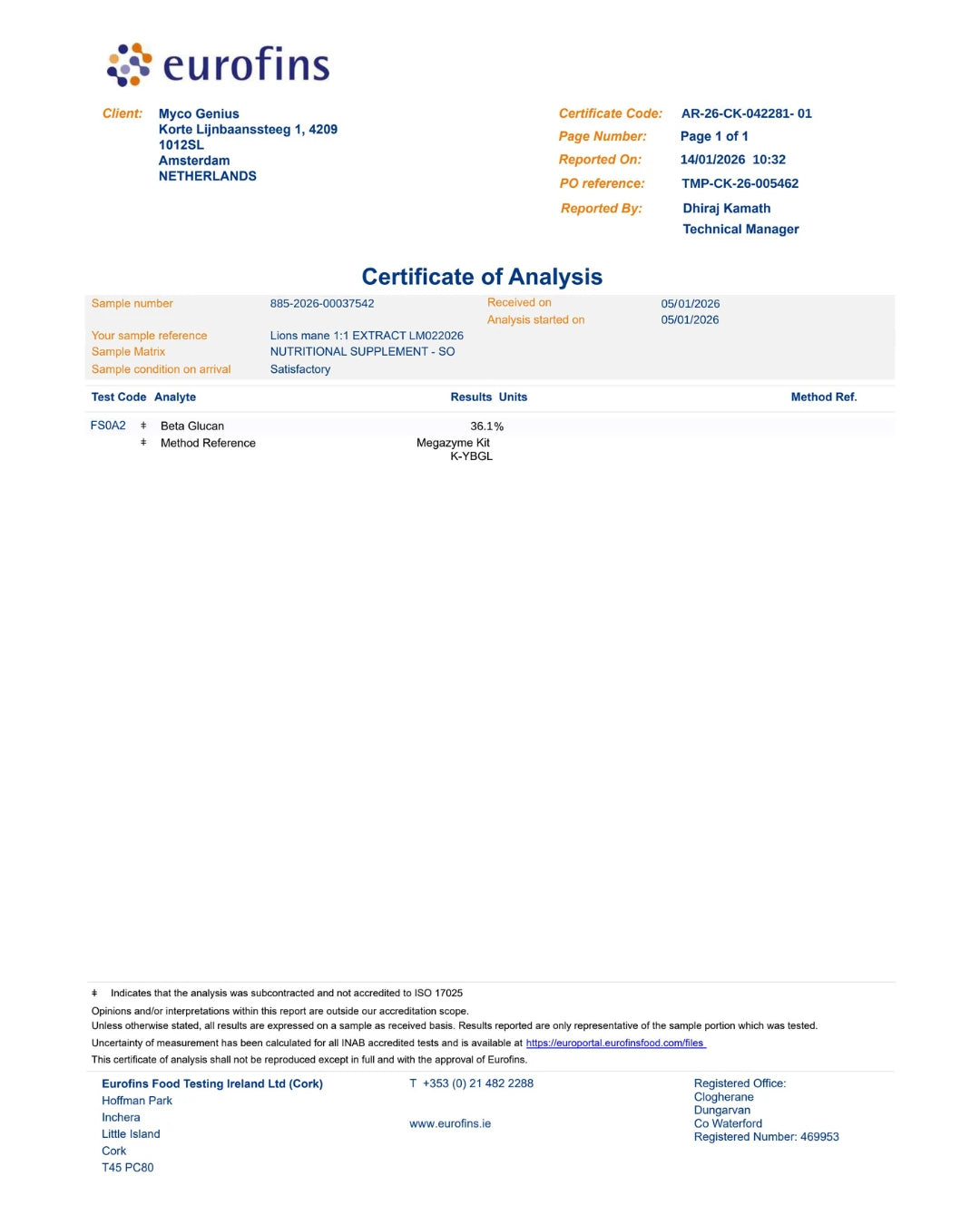 Eurofins Certificate of Analysis for a nutritional supplement
