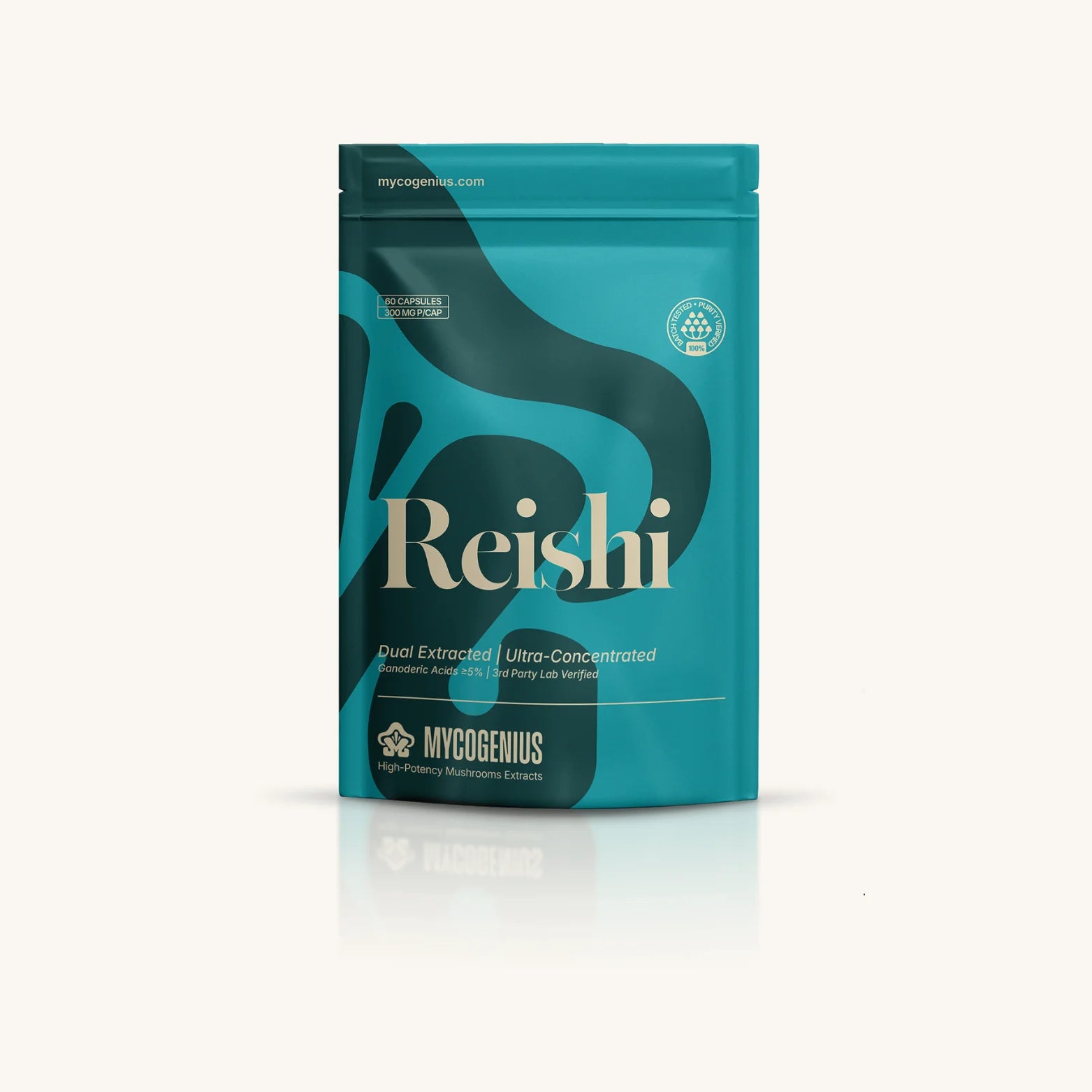 Teal package of Reishi with Mycogenus branding on a white background