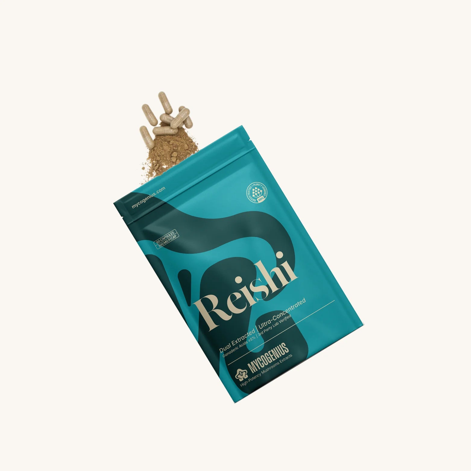 Teal package of Reishi mushrooms with a small pile of mushroom extracts on a white background