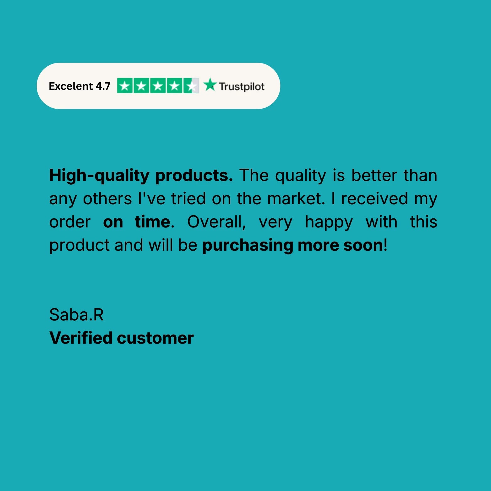 Trustpilot rating on a blue background with customer review text.