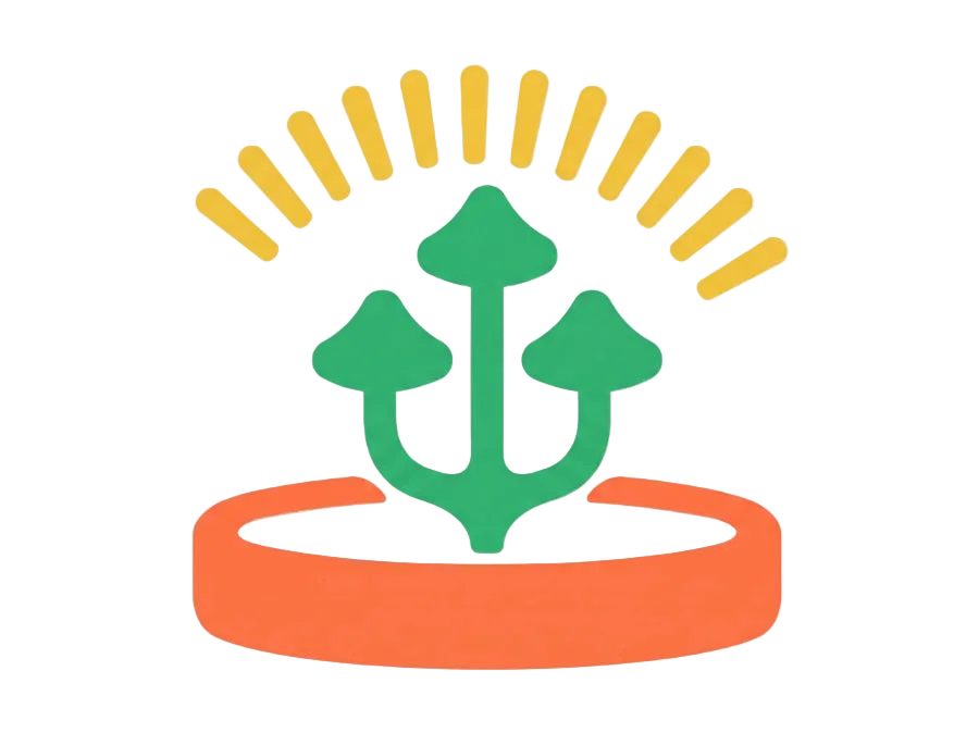 Logo with green plants and orange ring on a white background