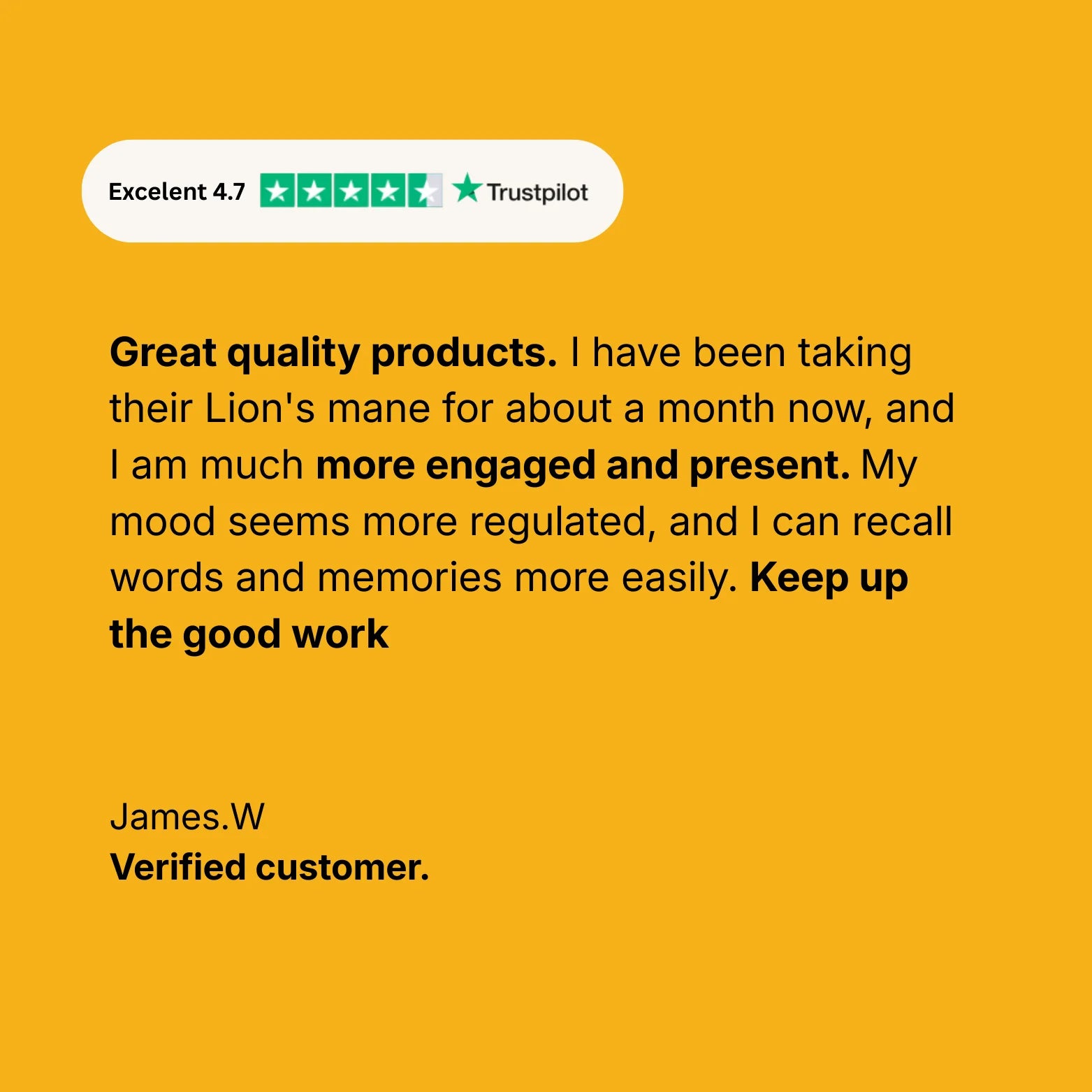 Customer review on a yellow background with Trustpilot rating