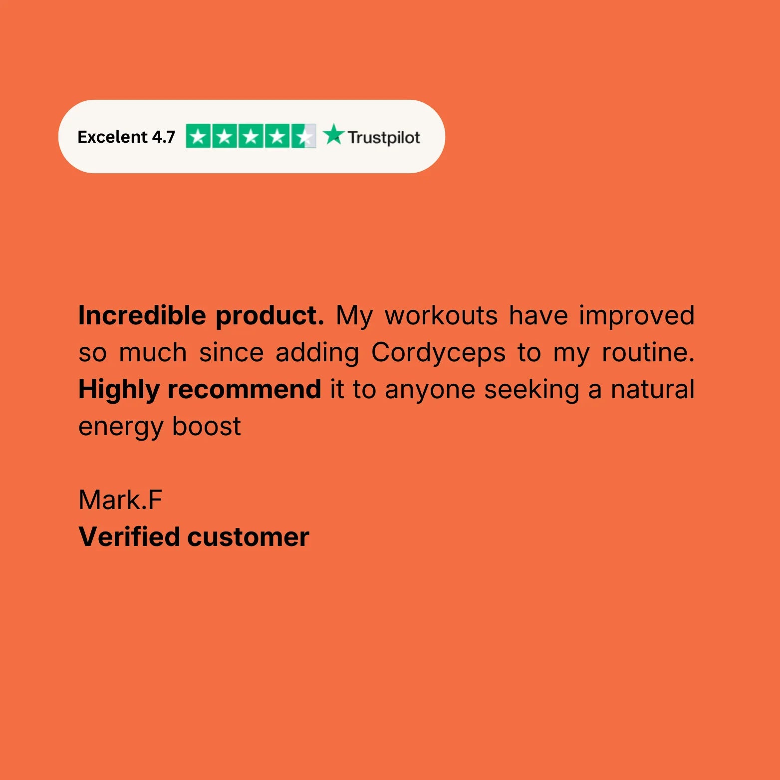 Trustpilot rating on an orange background with a customer review about a product's effect on workouts.