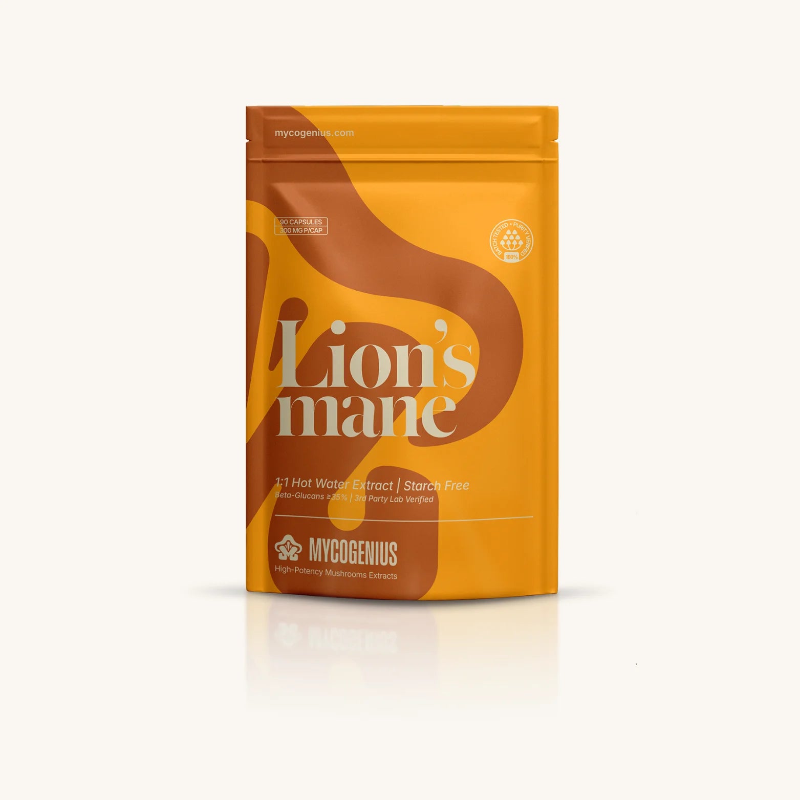 Mycogenius Lion's Mane supplement package on a white background