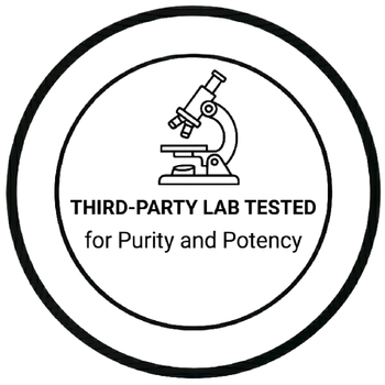 Logo with a microscope icon and text 'Third-party lab tested for purity and potency' on a white background.